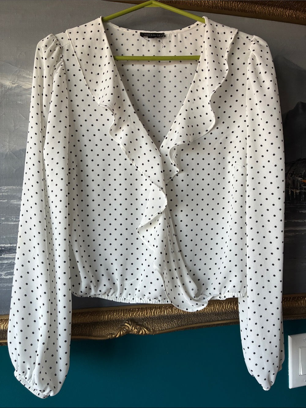 Dynamite White Polka Dot Ruffle Wrap Blouse | Puff Sleeve Top XS